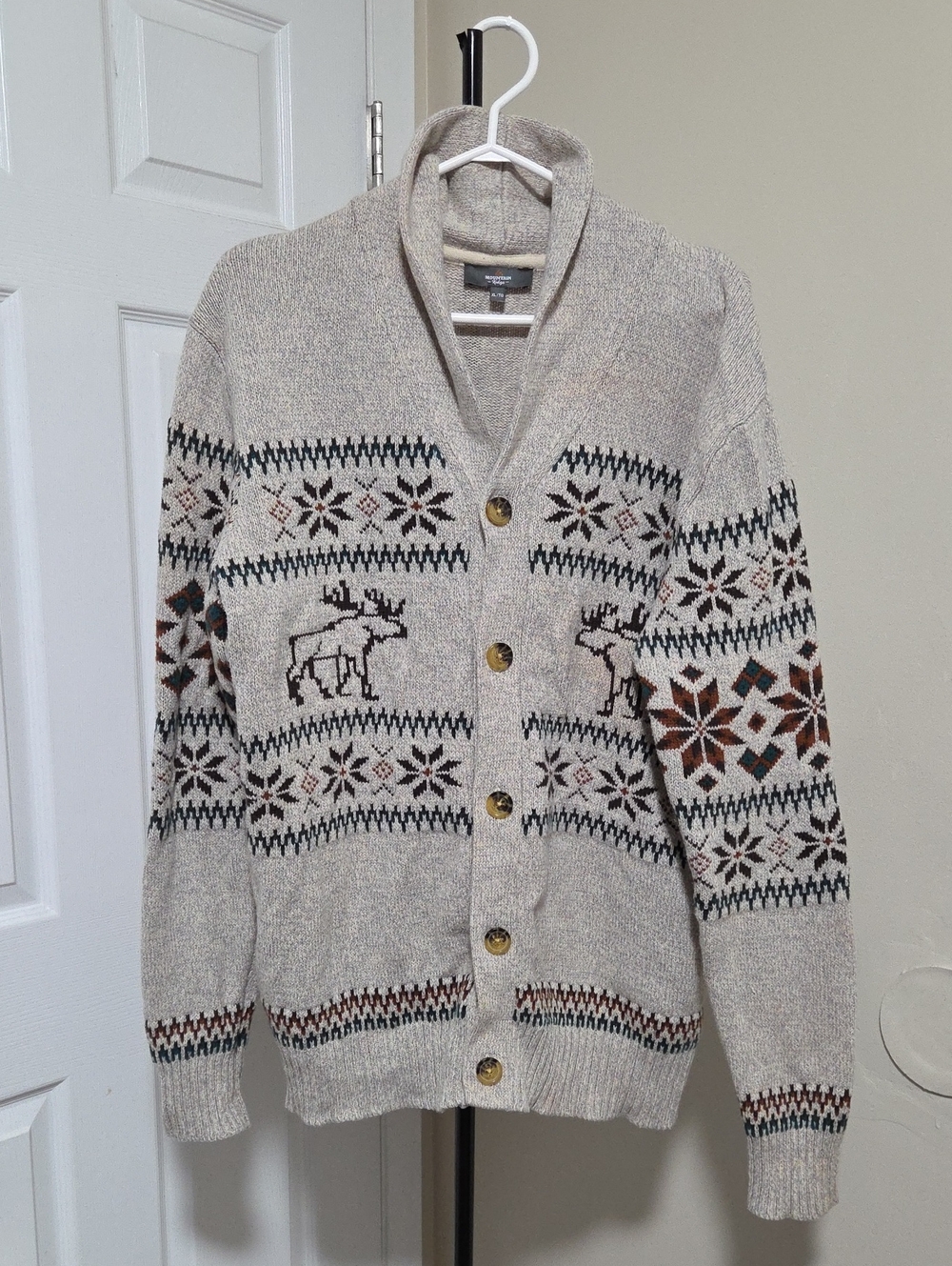 Mountain Ridge Cotton Blend Shawl Collar Reindeer Fair Isle Cardigan Sweater